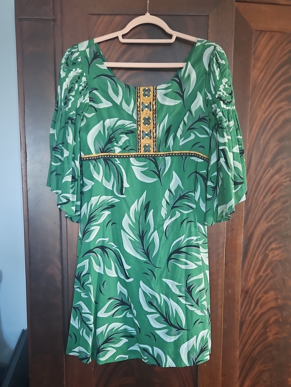 Green Leaf-Print Mini Dress with Embellished Trim